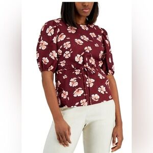 Alfani Red Floral Linen Blend Blouse Puff Sleeve Tie Waist Size L